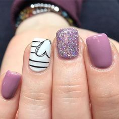 If you are looking for ways to freshen up your summer, then these cute nail designs are just what you need, from fun to classy, we have it all! Purple Glitter Nail Designs, Nail Polish Black, Glitter Nail Designs, Nail Designs For Short Nails, Purple Glitter Nails, Designs For Short Nails, Heart Purple, Cute Nail, White Nail Polish