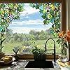 a kitchen sink under a window with fruit on the counter and flowers in vases next to it