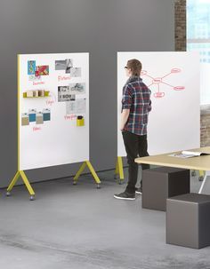 a man standing in front of a whiteboard with notes on it next to two tables