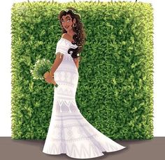 a woman in a white dress holding a bouquet of flowers next to a green hedge