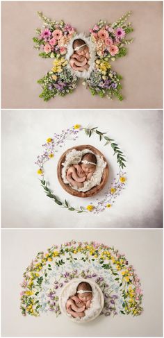 three different photos with flowers and babies in the middle, one is laying down on top of