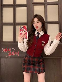 Cute Korean Fashion, Mini Skirt Fashion, School Uniform Fashion, Uniform Fashion, Vest Shirt, Plaid Mini Skirt, Tank Top Long Sleeve, Knitted Cardigan