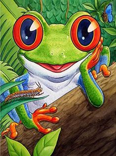 a painting of a frog sitting on top of a tree branch with an insect in it's mouth