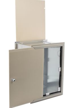 an open metal cabinet with two doors on the front and one door in the back