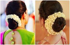 two pictures of the back of a woman's head with flowers in her hair