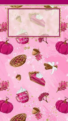 a pink background with many different desserts on it