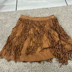 Fringe Mini Skirt, Is A Wrap Style(Does Not Slip On) Casual Fringe Mini Skirt, Bohemian Beige Mini Skirt, Chic Brown Fringe Skirt, Brown Ruffled Mini Skirt, Brown Fringe Mini Skirt, Fringe Mini Skirt, Tan Brown, Wrap Style, Mini Skirt