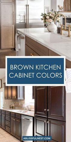 brown kitchen cabinets with white counter tops and blue lettering that reads, brown kitchen cabinet colors