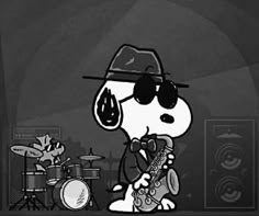 a cartoon character playing the saxophone in front of a drum set and another person behind him