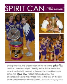 an advertisement for spirit can featuring cheerleaders in purple and white outfits with their trophy