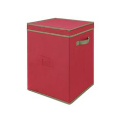 a red storage box with two handles on the front and bottom, sitting against a white background