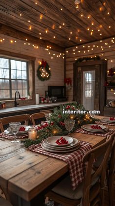 a dining room table set for christmas with plates and place settings on it, surrounded by holiday lights