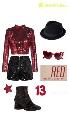 a red sequin top, black shorts and hat is featured in this fashion post