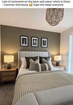 a bed room with a neatly made bed and two pictures on the wall above it