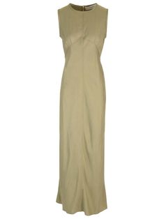 Mermaid dress in khaki green silk twill from Golden Goose, with crew neck, long zip on the back, fluid and fitted line. Twill Dress, Versace Designer, Silk Twill, Green Silk, Mermaid Dress, Shirt Skirt, Golden Goose, Khaki Green, Square Scarf