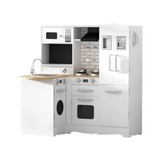 a white kitchen with an oven, microwave and sink