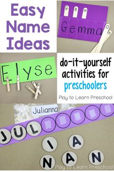 four different pictures with words that say easy name ideas and do - it - yourself activities for preschoolers