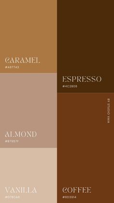 four different shades of coffee with the words espresso, almond and vanilla on them