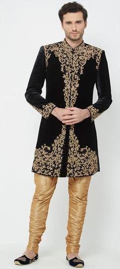 Black and Grey color Sherwani in Velvet fabric with Bugle Beads, Stone, Thread work Designer Embellished Sherwani With Traditional Drape, Traditional Embellished Kurta For Ceremonial Occasions, Traditional Black Embellished Sherwani, Black Embellished Sherwani With Long Sleeves, Festive Black Embellished Sherwani, Black Embellished Long Sleeve Sherwani, Designer Black Embellished Sherwani, Black Fitted Embellished Sherwani, Fitted Black Embellished Sherwani