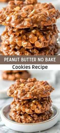 peanut butter no bake cookies stacked on top of each other