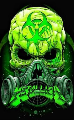 a skull wearing a gas mask with green paint on it's face and the words metal