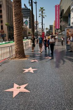 hollywood walk of fame star with palm trees and people walking on the sidewalk in front