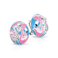 pair of pink and blue enamel earrings with crystal stones on each earring, set against a white background