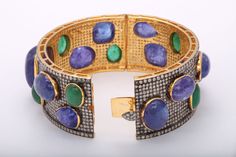 BOLD Pave Diamond Bangle with Cabochon Tanzanites & Emeralds 7 Beautifully Made, Diamond Bangle, Pave Diamonds, Turquoise Bracelet, Cuff Bracelets, Emerald, Jewelry Design, Bangles, Diamonds