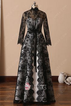 Black Floor-length Gown With Lace Trim, Black Lace Trim Floor-length Gown, Long Sleeve Lace Gown With Illusion Neckline, Elegant Black Lace Gown, Ceremony Gown With Long Lace Sleeves, Formal Long Sleeve Lace Gown, Formal Long-sleeve Lace Gown, Black Gown With Lace Long Sleeves, Black Lace Gown With Lace Sleeves