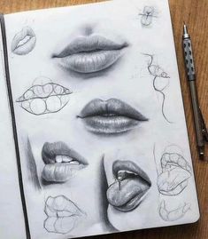 a drawing of different lips and mouth shapes on a notebook with a pen next to it