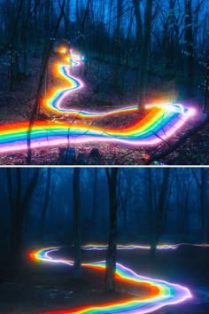 two different shots of the same path in the woods at night and then with light painting