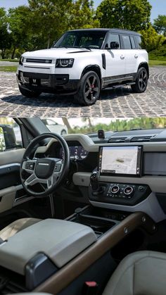 the interior and dashboard of a white land rover in front of a brick paved parking lot