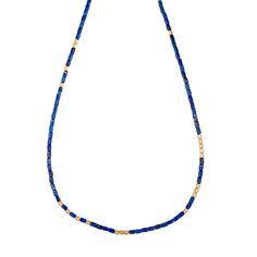 Details 14k yellow gold 24 tube beads on lapis beaded toggle necklace with JA diamond eye burst tag Handmade in USA Necklace length is 28" Due to the nature of all gemstones, small variations in size, shape and color may occur and may not be exact as image shown. Gold Single Strand Lapis Lazuli Beaded Necklace, Jacquie Aiche, Beaded Jewels, Toggle Necklace, Diamond Eyes, Diamonds And Gold, Tube Beads, Precious Gemstones, Necklace Length