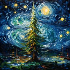 a painting of a starry night with a christmas tree in the foreground and lights on