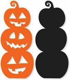 two pumpkins with faces cut out from the top and bottom, one is black