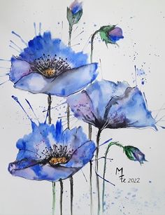 three blue flowers are shown in this watercolor painting