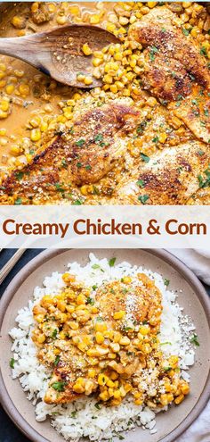 chicken and corn on top of rice in a skillet