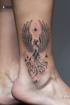 Phoenix rising from ashes tattoo on the ankle Phoenix Tattoo For Women Leg, Ankle Phoenix Tattoo, Phoenix Moon Tattoo, Pheonix Tattoo For Women On Arm, Rise From The Ashes Tattoo, Rising From Ashes Tattoo, Phoenix Rising From Ashes Tattoo, Minimalist Phoenix Tattoo, Pheonix Tattoo For Women