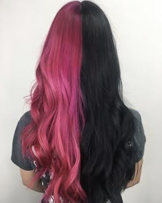 Half And Half Hair Color Pink, Split Dyed Hair Pink, Half Pink Half Black Hair, Bright Colored Hair, Split Dye Hair Ideas, Under Hair Color, Unnatural Hair Color