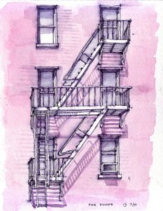 a drawing of a fire escape in front of a brick building with windows and stairs