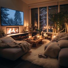 a living room filled with furniture and a flat screen tv mounted to the side of a wall