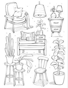 a black and white drawing of different types of furniture