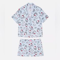 This Classic Short-Sleeve Pj Set: One You'll Want To Get Your Hands On 1 Button Up Top 1 Elastic Shorts Size Medium Light Blue Hello Kitty, Primark Pyjamas, Primark Shorts, Blue Hello Kitty, Hello Kitty Shirt, Accessories Hello Kitty, Shorts Pajamas, Hello Kitty Bow, Short Faux Fur Jacket