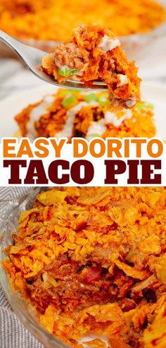 easy doritos taco pie recipe in a glass dish with a spoon on top