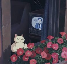 a painting of a cat sitting in front of a flower pot with red and white flowers