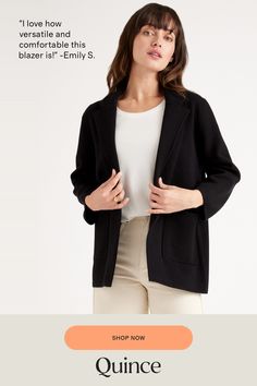 Layer up and level up. We present to you: the knit blazer. This 100% organic cotton blazer is a great addition to throw on for a slightly more formal look without the usual stiff blazer feeling. With a polished lapel, two patch pockets, and bracelet-length sleeves it's giving CEO vibes, but effortless.  | Quince | Women's Knit Blazer in Black, Organic Cotton, Size Small, Organic Cotton (sweaters) Cotton Sweaters, Formal Look, Cotton Blazer, Knit Blazer, Knitting Women, Formal Looks, Bracelet Length, Layering Pieces, Cotton Knit