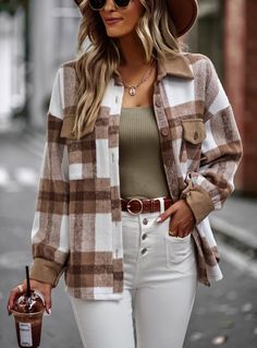 Women's Plaid Shacket Lapel Long Sleeve Thick Woolen Plaid Jacket Coat Outwear Plaid Shirt Jacket Outfit, Autumn Fall Outfits, Casual Festival, Thanksgiving Outfit Ideas, Cute Thanksgiving Outfits, Plaid Shacket, High Waisted Flares, Spring Outfits Women, Thanksgiving Outfit