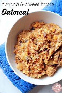 banana and sweet potato oatmeal in a white bowl on a blue towel