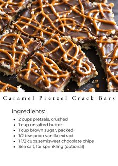 Tasty Cooking - Caramel Pretzel Crack Bars! 💖💛 Easy, No Bake and Very Addictive! 💖💛  Ingredients:  - 2 cups pretzels, crushed - 1 cup unsalted butter - 1 cup brown sugar, packed - 1/2 teaspoon vanilla extract - 1 1/2 cups semisweet chocolate chips - Sea salt, for sprinkling (optional)  Directions:  1. Preheat your oven to 350°F (175°C). Line a 9x13-inch baking dish with parchment paper, leaving an overhang on the sides for easy removal. 2. Spread the crushed pretzels evenly over the bottom of the prepared baking dish. 3. In a medium saucepan, melt the unsalted butter over medium heat. 4. Stir in the brown sugar and cook, stirring constantly, until the mixture is smooth and starts to bubble, about 2-3 minutes. 5. Remove the saucepan from the heat and stir in the vanilla extract. 6. Pour Pretzel Dessert, Baked Caramel, Caramel Pretzels, Senior Center, Mini Pretzels, Candy Recipes Homemade, Easy No Bake, Bake Desserts, Bar Cookies