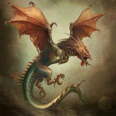 a painting of a dragon flying through the air with its wings spread out and it's mouth open